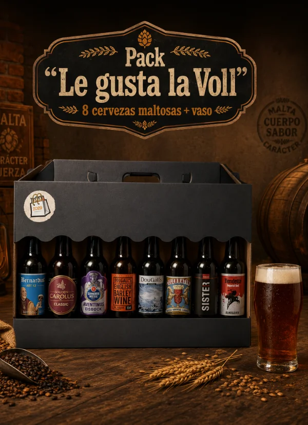 Pack “Le gusta la Voll” con 8 cervezas maltosas y 1 vaso