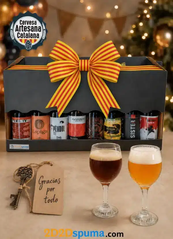 Pack regalo cerveza "Brindis catalán" – 8 cervezas + 2 copas + abridor + tarjeta