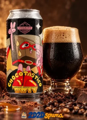 Lata de Basqueland Chocotástico Imperial Pastry Stout de 44 cl junto a una copa de cerveza negra con espuma tostada, chocolate negro, cacao y caramelo.