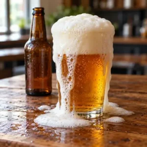 Vaso de cerveza artesana con abundante espuma que se desborda sobre una mesa de madera, junto a una botella de cerveza.