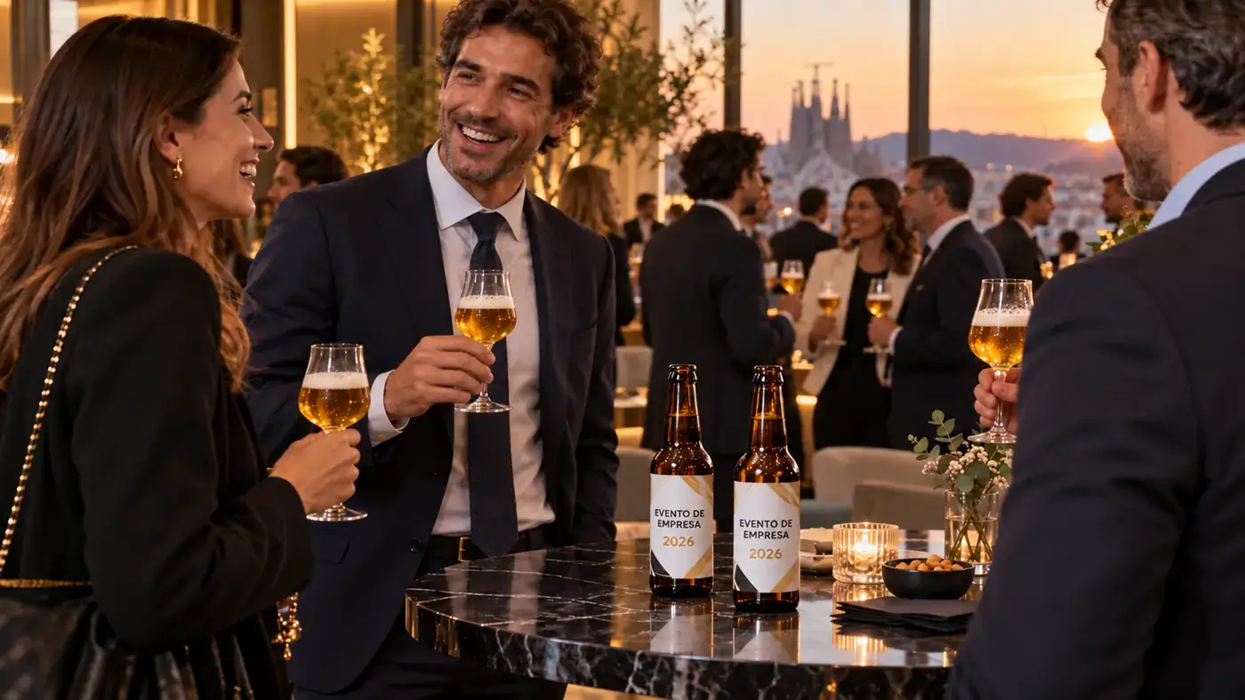 Cerveza personalizada gourmet para eventos de empresa Profesionales brindando con copas de cerveza artesanal durante un evento de empresa con botellas de etiquetas personalizadas