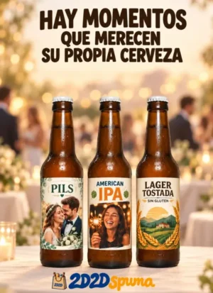 Tres botellas de cerveza personalizada Pils, American IPA y Lager Tostada sin gluten, con etiquetas que incluyen fotografías y diseños propios, sobre un fondo de celebración.