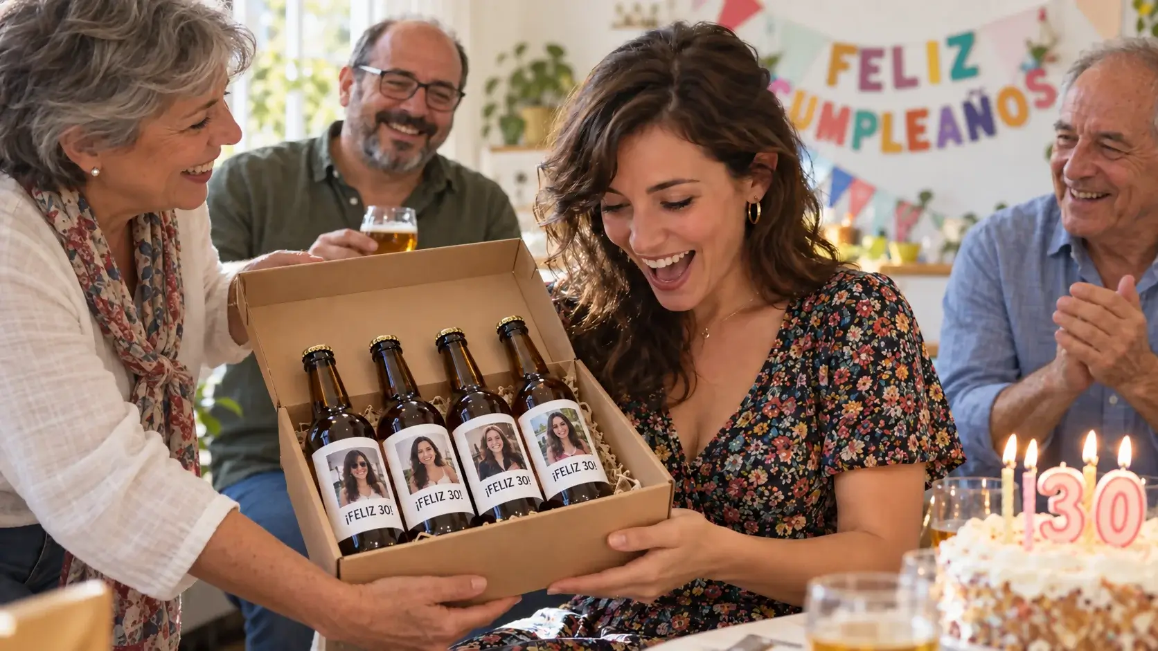 Cerveza personalizada para cumpleaños de 30 años Mujer celebrando su 30 cumpleaños con una caja de cervezas personalizadas con fotografía en las etiquetas