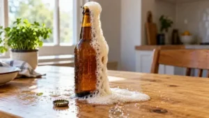 Botella de cerveza recién abierta que expulsa abundante espuma y se desborda sobre una mesa de madera.