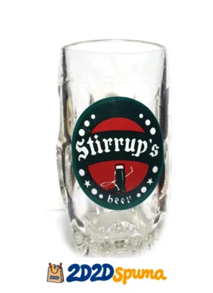 Jarra de cerveza Stirrup’s Beer de vidrio con distintivo frontal rojo y verde