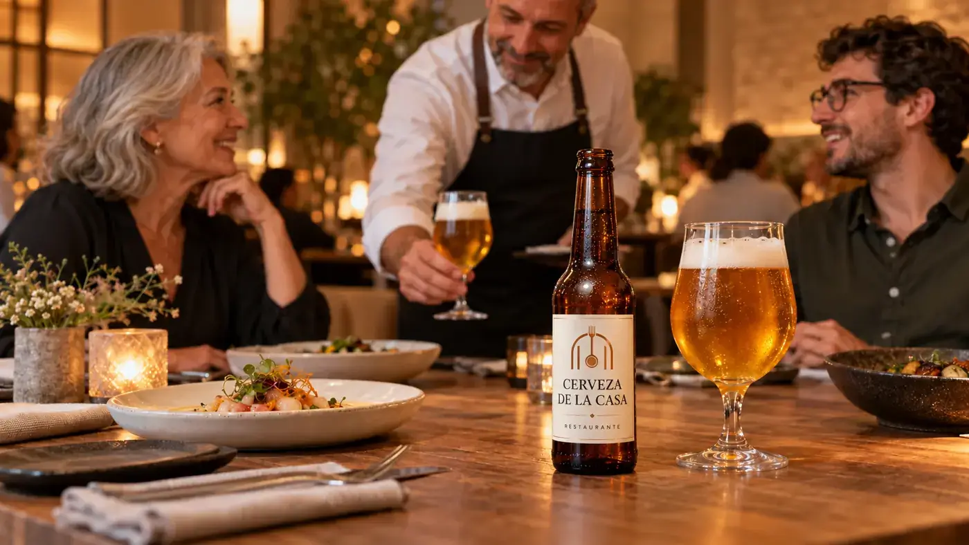 Cerveza personalizada para bares y restaurantes gourmet Botella de cerveza de 33 cl con logotipo personalizado de restaurante gourmet y copa de cerveza artesanal